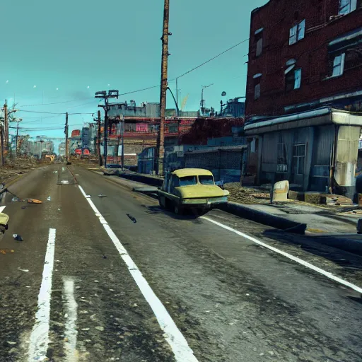 Prompt: Abbey Road post-nuclear war in Fallout 4, in game screenshot