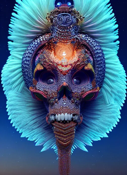 Prompt: 3 d goddess portrait, 8 k micro details global illumiantion beautiful intricate highly detailed quetzalcoatl skull and feathers. bioluminescent, fire, snow, water, wind, creature, thunderstorm! artwork by tooth wu and wlop and beeple and greg rutkowski, trending on artstation,