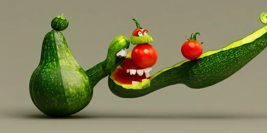 Image similar to detailed 3 d render of a mad zucchini character with arms and legs and a long sword chasing after a tomato character, hyper realistic octane render, cinematic lighting, pixar surrealism