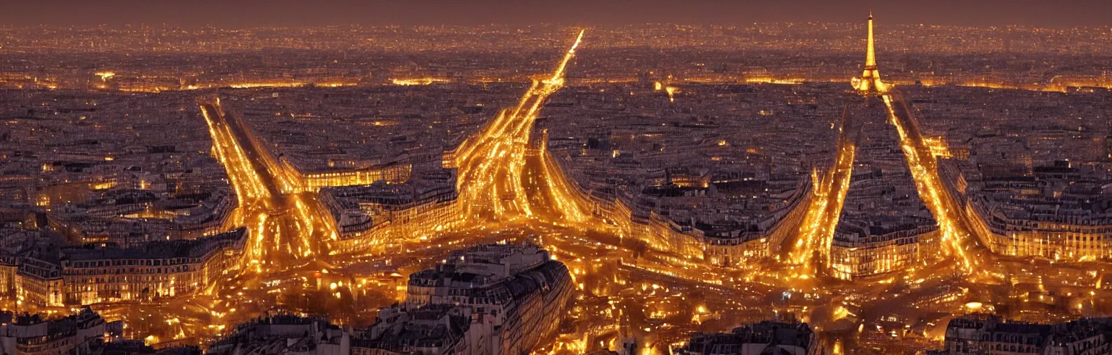 Image similar to night time photo of paris france seen from a luxury hotel window with bokeh, depth of field, glowing lights, romantic beautiful, black, red, yellow, orange colors, telephoto lens, romantic, soft, beautiful, award winning architecture, extremely beautiful lighting, cinematic composition, modern, render, architectural, architecture, realistic, clear