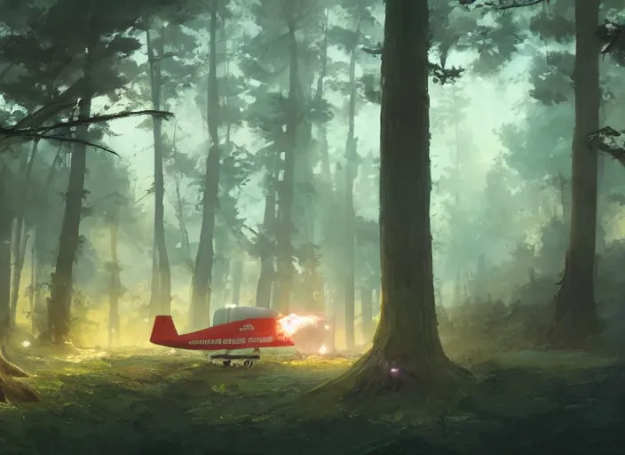 Prompt: a crash-landing sight of a spaceship in a forest, smoke in the air, atmospheric lighting, debris on ground, smoke and flame on ship. By Makoto Shinkai, Stanley Artgerm Lau, WLOP, Rossdraws, James Jean, Andrei Riabovitchev, Marc Simonetti, krenz cushart, Sakimichan, trending on ArtStation, digital art.