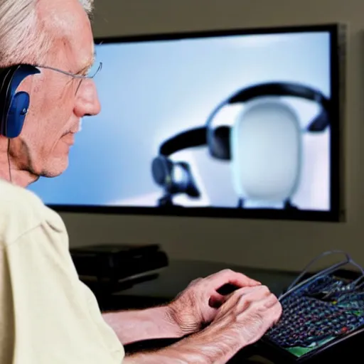 Image similar to A colored colorized real screenshot of Jerma985 as an elderly guy streaming on his computer while wearing headphones, taken in the early 2020s, taken on a 2010s Camera, realistic, hyperrealistic, very realistic, very very realistic, highly detailed, very detailed, extremely detailed, detailed, digital art, trending on artstation, headshot and bodyshot, detailed face, very detailed face, very detailed face, real, real world, in real life, realism, HD Quality, 8k resolution, intricate details, colorized photograph, colorized photon, body and headshot, body and head in view