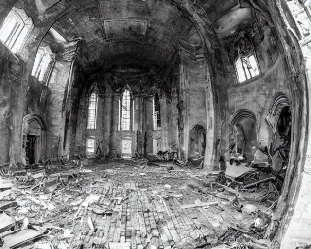 Prompt: camera footage of a group of survivors huddled in an abandoned church, high exposure, dark, monochrome, camera, grainy, CCTV, security camera footage, timestamp, zoomed in, fish-eye lense,