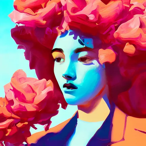 Image similar to closeup, big rose flower head, portrait, girl in a suit, surreal photography, sunrise, blue sky, dramatic light, impressionist painting, digital painting, artstation, simon stalenhag