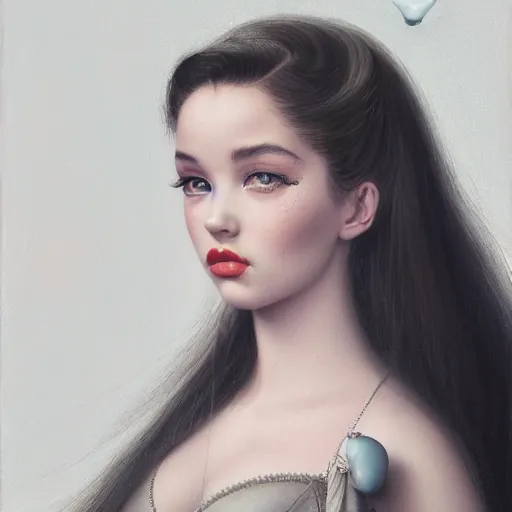 Prompt: tom bagshaw portrait, beautiful asian mix of dove cameron madison beer bella poarch in a full dress body, 1 9 5 0 pinup look, professionally retouched, focus eyes, ultra realistic soft painting, insanely detailed linework, symmetrical accurate intricate features, behance, 8 k