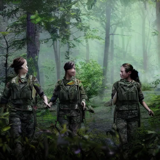 Prompt: group of female soldiers, searching through iridescent woods, makeshift camp, aerial photography, eerie, beautiful, stunning, intricate detail, cinematic, unreal engine, concept art, photorealism