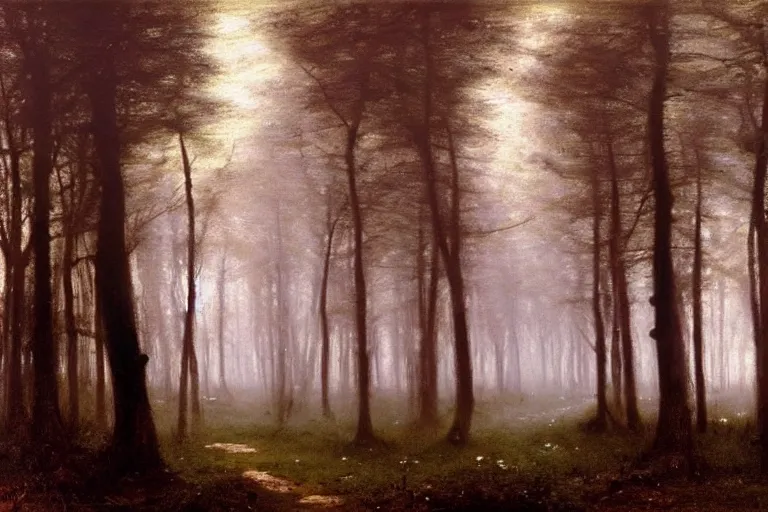 Prompt: dark and spooky painting of a forest dimly lit at night with tiny purple morning glory flowers trailing at the base of trees. foggy cinematic volumetric darkness, muted colour palette, detailed oil painting on canvas john william waterhouse, john everett millais