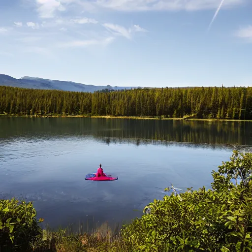 Image similar to Mysty lake, single human floating in the lake in the distance, dark