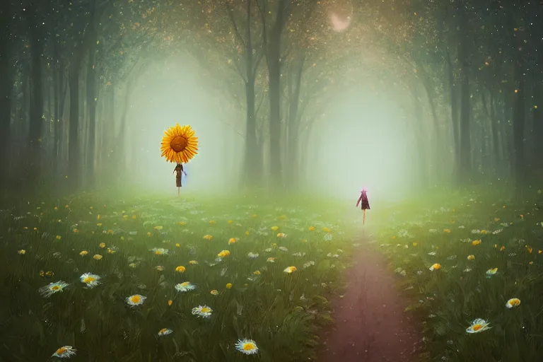 Image similar to giant daisy flowers head, girl walking in dark forest, surreal photography, dark night, stars, moon light, impressionist painting, clouds, digital painting, artstation, simon stalenhag