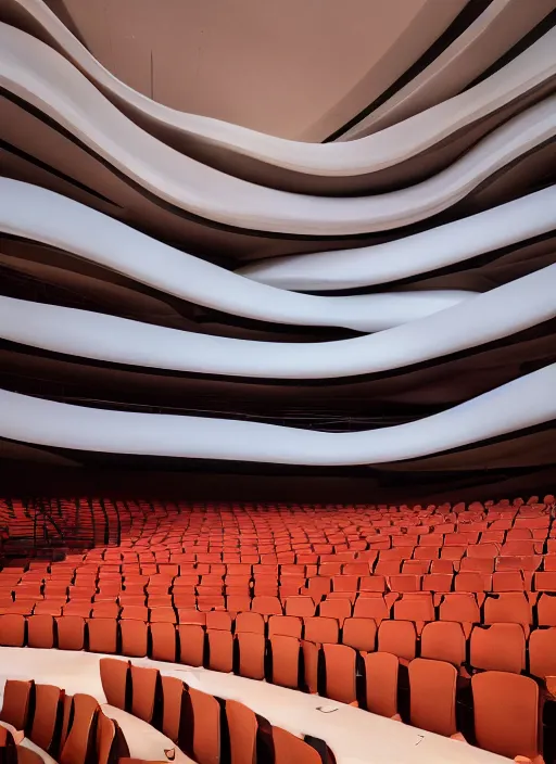 Prompt: large auditorium filled with lots of seats, an abstract sculpture by zaha hadid, featured on cgsociety, light and space, biomorphic, imax, intricate patterns