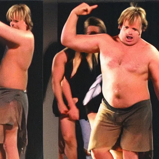 Image similar to chris farley dancing without a shirt on, very detailed