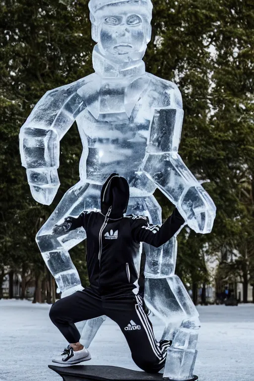 Image similar to Ice sculpture of squatting man in black Adidas tracksuit, shiny, ultra realistic, 4k, cold mist