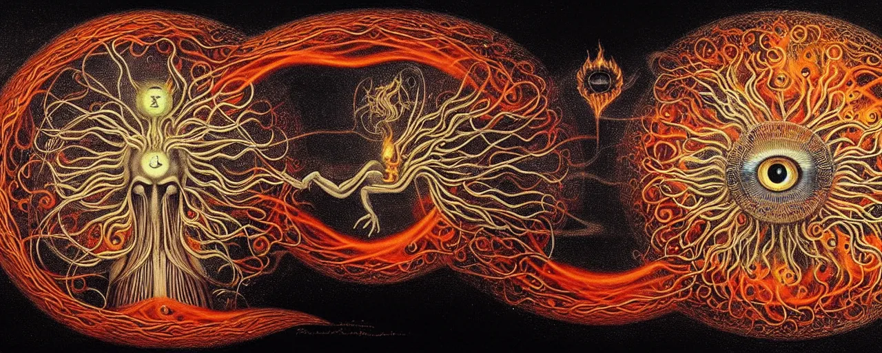 Prompt: a strange fire creature with endearing eyes radiates a unique canto'as above so below'while being ignited by the spirit of haeckel and robert fludd, breakthrough is iminent, glory be to the magic within, in honor of saturn, painted by ronny khalil