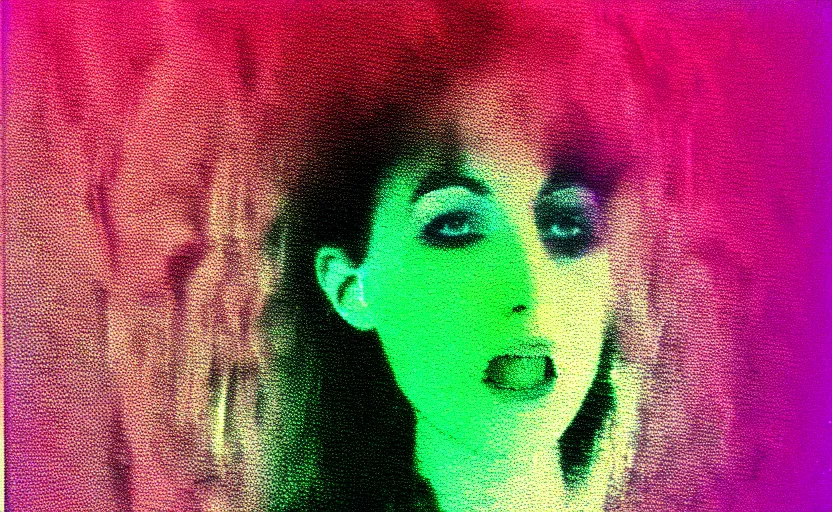 Prompt: vhs glitch art portrat of a happy woman hidden underneath a sheet, static colorful noise glitch, 1 9 8 0 s directed by david lynch