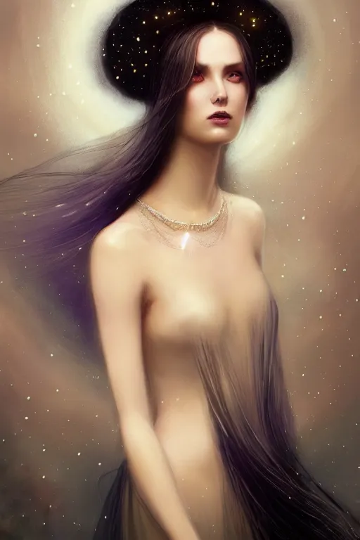 Prompt: Nocturne, glowing, stars, a long-legged elegant sultry woman, long ombre hair, pearl choker, highly detailed, mysterious, ethereal, dressed in black velvet, haute couture, illustration, dramatic lighting, soft details, painting, by Edmund Blair Leighton, Brom, Charlie Bowater, trending on artstation, faces by otto schmidt