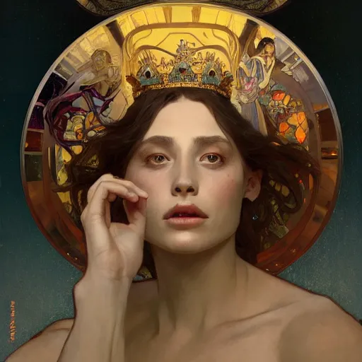 Image similar to a Portrait of A queen whose body is transparent and whose body radiates holy light by greg rutkowski and alphonse mucha,In style of illustration.digital art,hyper detailed,smooth, sharp focus,trending on artstation,4k