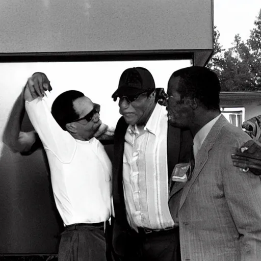 Image similar to Jamal and DeAngelo shooting up smack with Richard Nixon behind a 7/11, photo