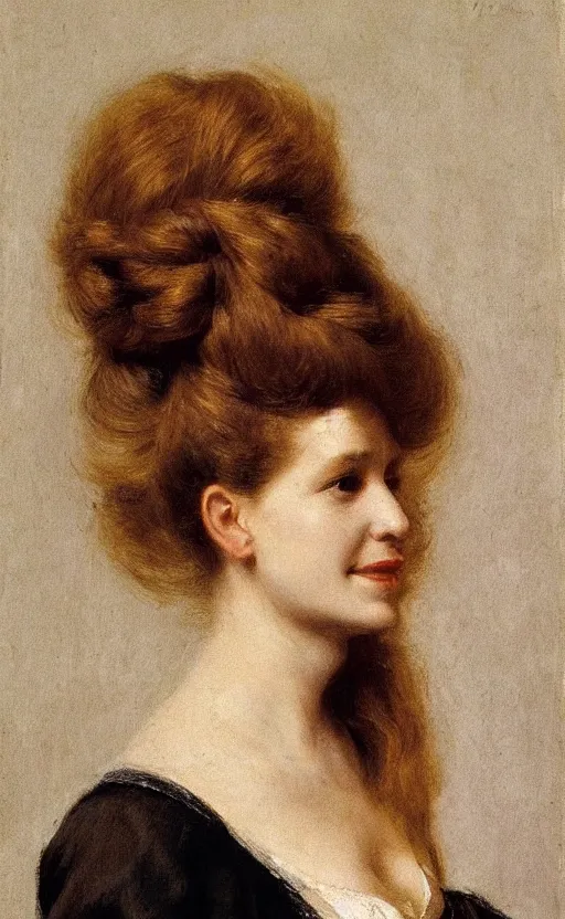 Image similar to portrait by eugen von blaas!!! of a woman!! with brown!! hair!! bun hair! slight smile! dreamy, lovely, bubbly