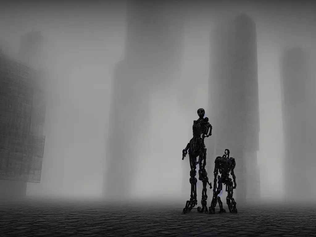 Image similar to robotic black metal band, humanoid, baroque, brutalist structures in the background, atmospheric fog, octane render, cinematic, 8 k