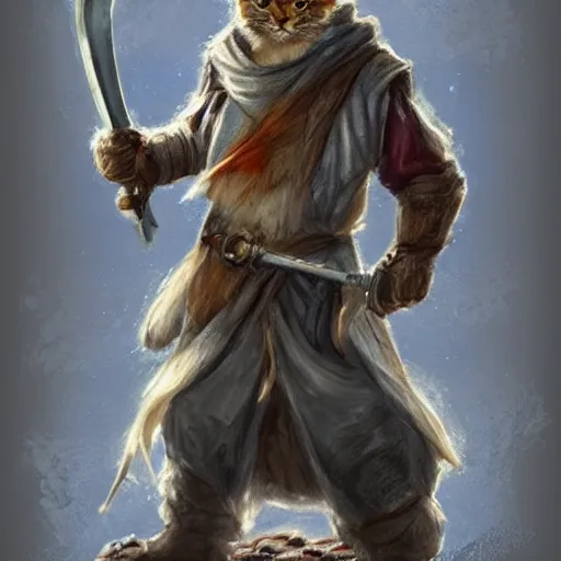 Prompt: humanoid homeless cat wielding a sword and wearing rags, d & d, fantasy, concept art, trending on artstation