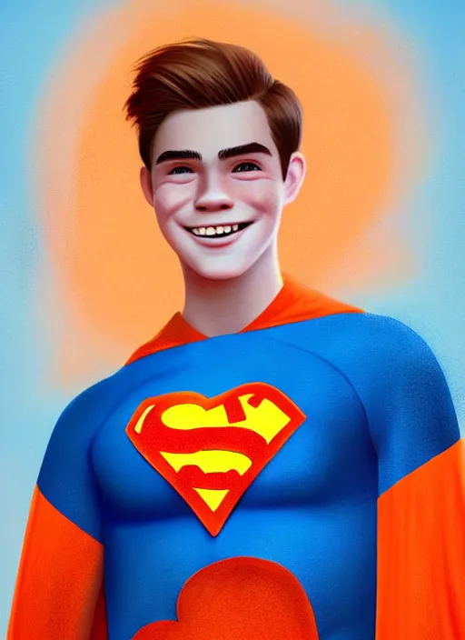 Image similar to friendly teenage archie andrews wearing an orange superhero costume with heart logo, heart, freckles, blue cape, heart emblem on chest, blue cape, intricate, elegant, glowing lights, highly detailed, digital painting, artstation, sharp focus, illustration, art by wlop, mars ravelo and greg rutkowski