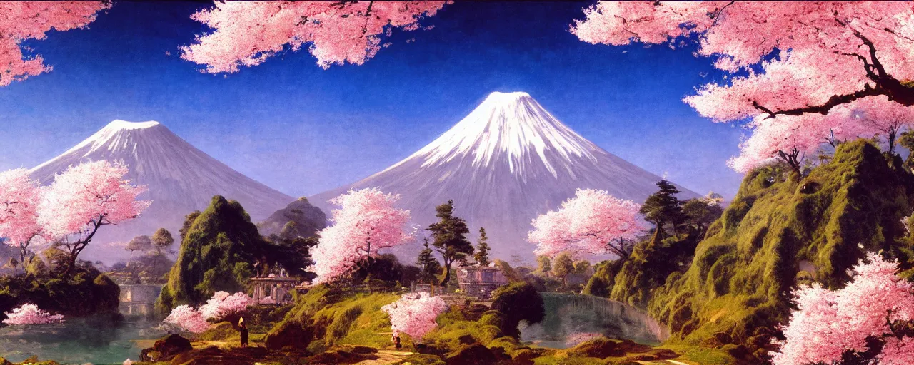 Image similar to ghibli illustrated background of a strikingly beautiful over a volcano with cherry blossom by eugene von guerard, ivan shishkin, albert edelfelt, john singer sargent, 4 k