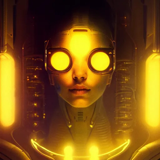 Image similar to a portrait of scifi futuristic bio machine cute girl, high detail, yellow lighting by gaston bussiere, bayard wu, greg rutkowski, giger, maxim verehin, greg rutkowski, masterpiece, sharp focus, cinematic lightning - h 7 6 8