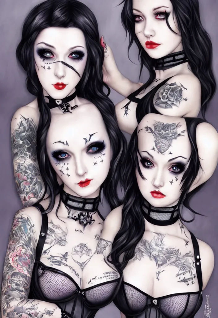 Image similar to two beautiful pale skin cosplay girls, gray eyes, black hair, fully tattooed body, fishnet corset with choker, clothes fully on, symmetrical, beautiful detailed face, masterpiece, paint by artgerm