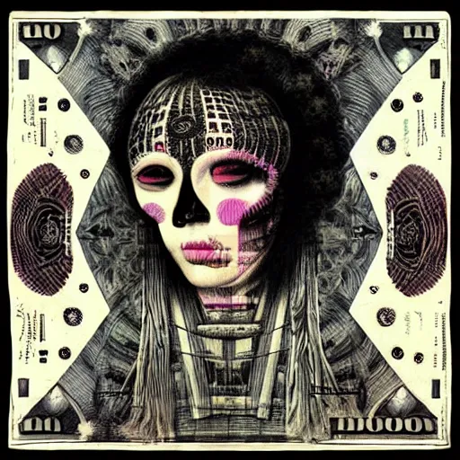 Image similar to post - punk new age album cover, asymmetrical design, dollars, bank notes, magic, apocalypse, psychedelic, black white pink, magic, giger h. r., giuseppe arcimboldo