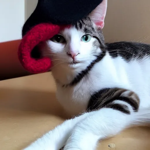 Image similar to cat photo, wearing wool hat, tongue mlem, cat ears