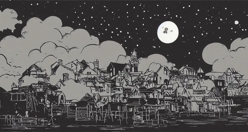 Prompt: seaside village, night, moon in sky encircled by clouds, heavy ink!!!!!!!, dark!!!, black!!! mike mignola