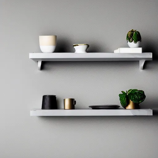 Prompt: A gray shelf, minimalist style art, white background