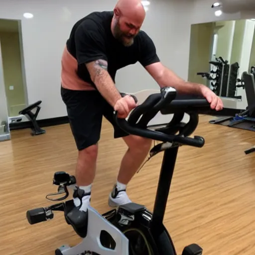 Prompt: ethan van sciver with a bald head and grey trimmed beard working out vigorously on his peloton exercise bike