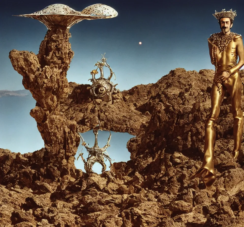 Prompt: portrait of salvador dali wearing a crown and costume with jewels in a dry rocky desert landscape, visible sky and sunny atmosphere, alien spaceship by giger, film still from the movie by alejandro jodorowsky with cinematogrophy of christopher doyle and art direction by hans giger, anamorphic lens, kodakchrome, very detailed photo, 8 k