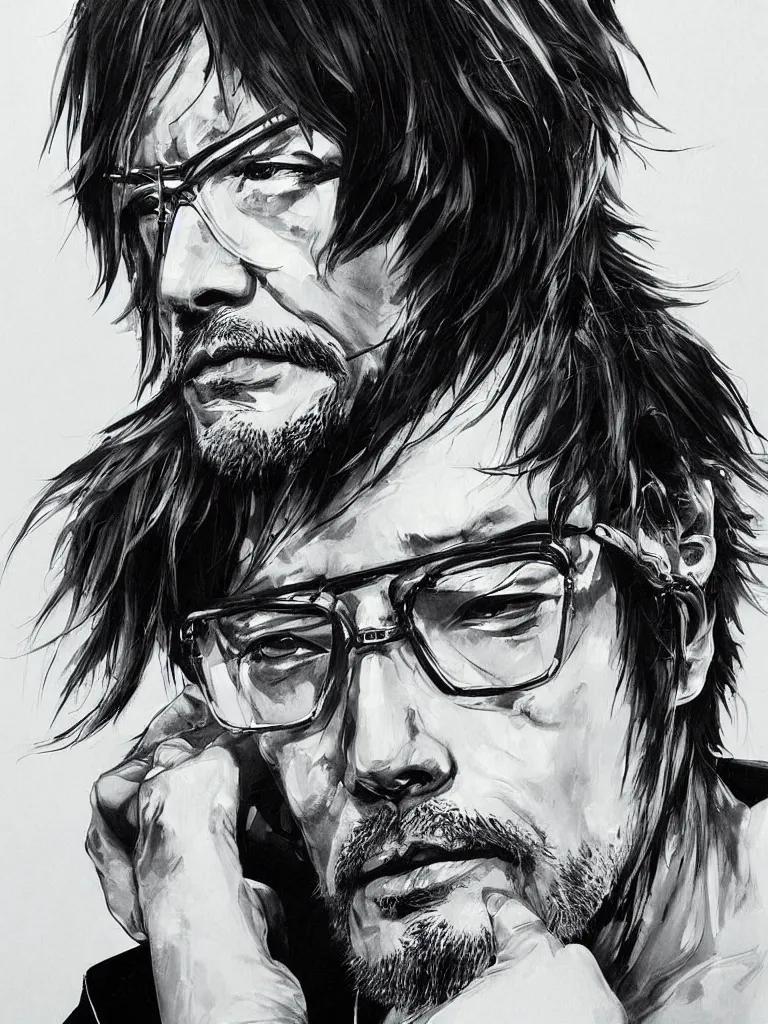 Image similar to “A centered portrait painting of hideo kojima by yoji shinkawa, trending on art station, metal gear solid”