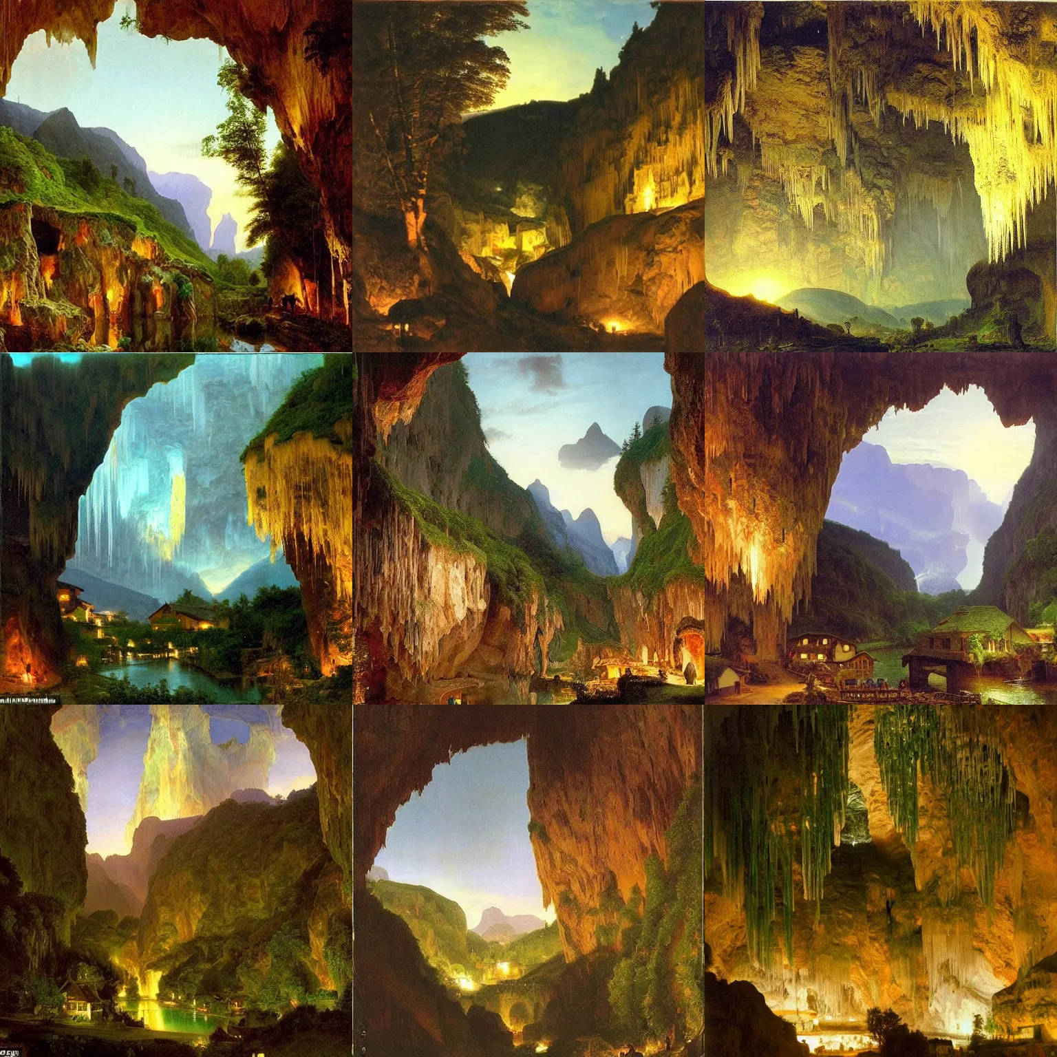 Prompt: a quaint swiss village at night with cottages, a river with sawmills, glowing lights and green park land, all inside an enormous cavern, cavern ceiling visible with large stalactites, by frederic edwin church