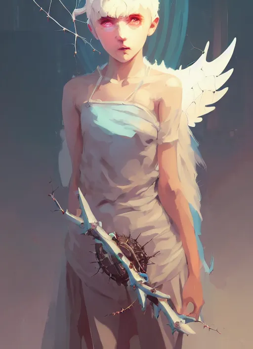 Image similar to portrait of cute angel maiden girl with crown of thorns and white short hairs, warhammer, cyberpunk, by atey ghailan, by greg rutkowski, by greg tocchini, by james gilleard, by joe gb fenton, by kaethe butcher, dynamic lighting, gradient light blue, brown, blonde cream and white color in scheme, grunge aesthetic