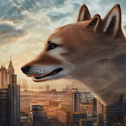 Prompt: giant shiba inu destroying a city, digital art, trending on artstation, highly detailed