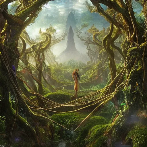 Prompt: a beautiful and highly detailed matte painting of an elven temple in a magical fantasy garden in a lush forest in the mystical mountains, celtic knots, tangled trees, celtic knotted vines, intricate details, epic scale, insanely complex, 8 k, sharp focus, hyperrealism, very realistic, by caspar friedrich, albert bierstadt, james gurney, brian froud,