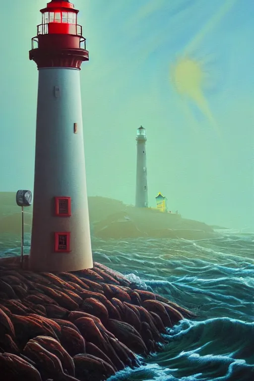 Image similar to a lighthouse in a redwood solar punk vision, overlooking an ocean, choppy waves, oil on canvas by klaus burgle, simon stalenhag, ultra - realistic 3 d depth shading