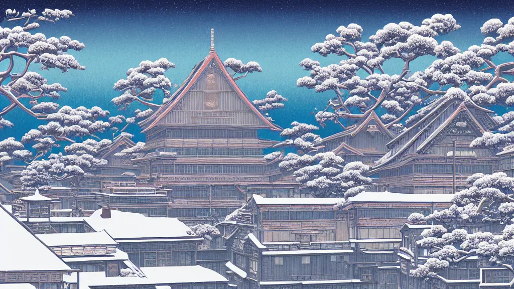 Prompt: A winter in hell, flat design, screen print by Kawase Hasui and dan hillier, 8k unreal engine