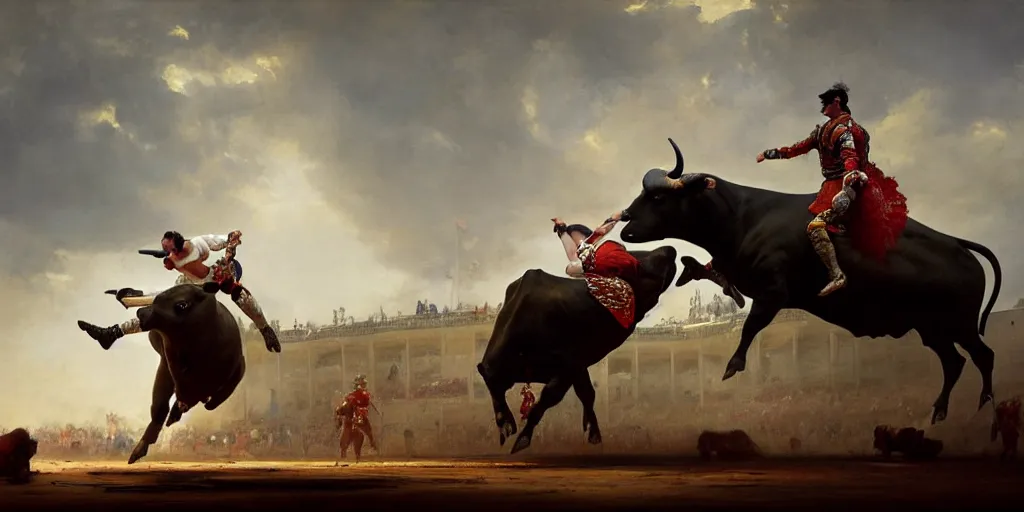 Image similar to a bullfighter fighting a bull in a bullring, mythology, extremely detailed digital painting, in the style of goya and ruan jia and jeremy lipking and peter mohrbacher, mystic colors, edge light, beautiful lighting, 4 k, scene dazzling, ray tracing, octane, trending on artstation