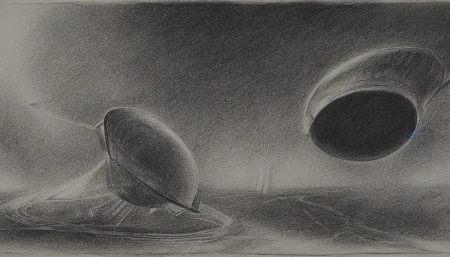 Image similar to mothership on an alien planet, 1 9 th century charcoal and pencil drawing