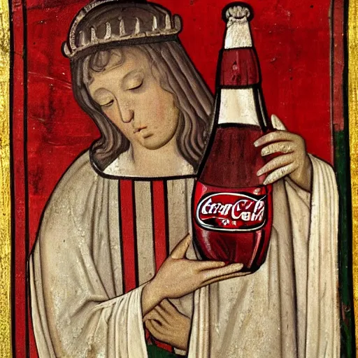 Image similar to Medieval painting of Coca Cola. High resolution. Highly detailed. Trending on art station. 4k. Dramatic.