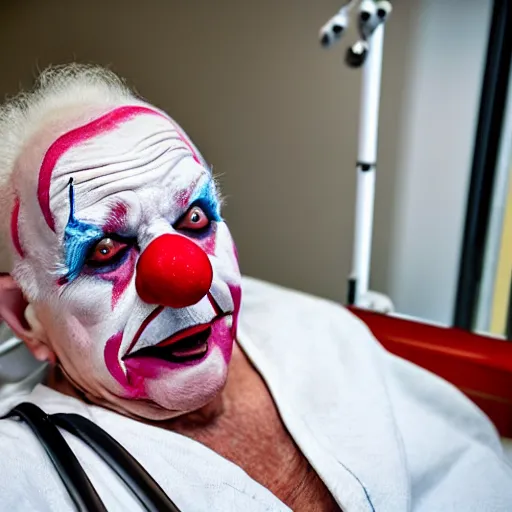 Image similar to insane elderly clown supine in hospital bed, strapped into bed with restraints, trying to get out but unsuccessful, photograph, 8 k