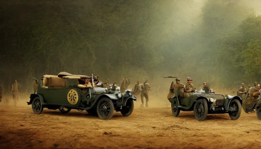 Image similar to british army driving a car in 1921 in kerala forest road, tribe members attacking, action scene, an epic fantasy, dramatic lighting, cinematic, establishing shot, extremely high detail, photorealistic, cinematic lighting, artstation, by christopher nolan, horizon forbidden west