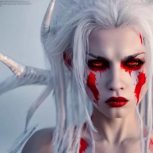 Image similar to a highly detailed portrait of a humanoid demon girl with white hair, red horns, in white clothes, artstation, deviantart, professional, unreal engine 5, photorealistic