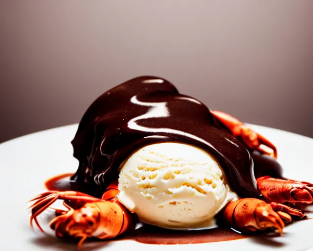 Prompt: dslr food photograph of a plate of vanilla ice cream with a crawfish, some chocolate sauce, 8 5 mm f 1. 4