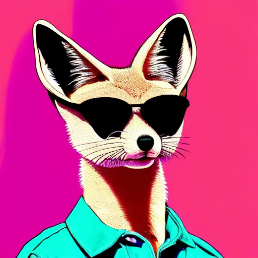 Prompt: fennec fox, pink, palm trees, furry, cute, aviator sunglasses, synthwave style, artstation, detailed, award winning, dramatic lighting, miami vice, oil on canvas, cocaine, cocaine