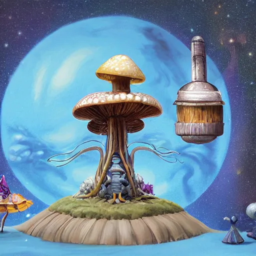 Prompt: On the morning of the robot queen's coronation, The Mekanik Doll, an elderly mushroom walking their pet snail, Mount Fuji seen from the International Space Station, the theme of Alice in Wonderland, digital painting, concept art, illustration, deep dark, artstation, intricate, beautiful and thematically complex, ue5, by deiv calviz and bossmonsterbani